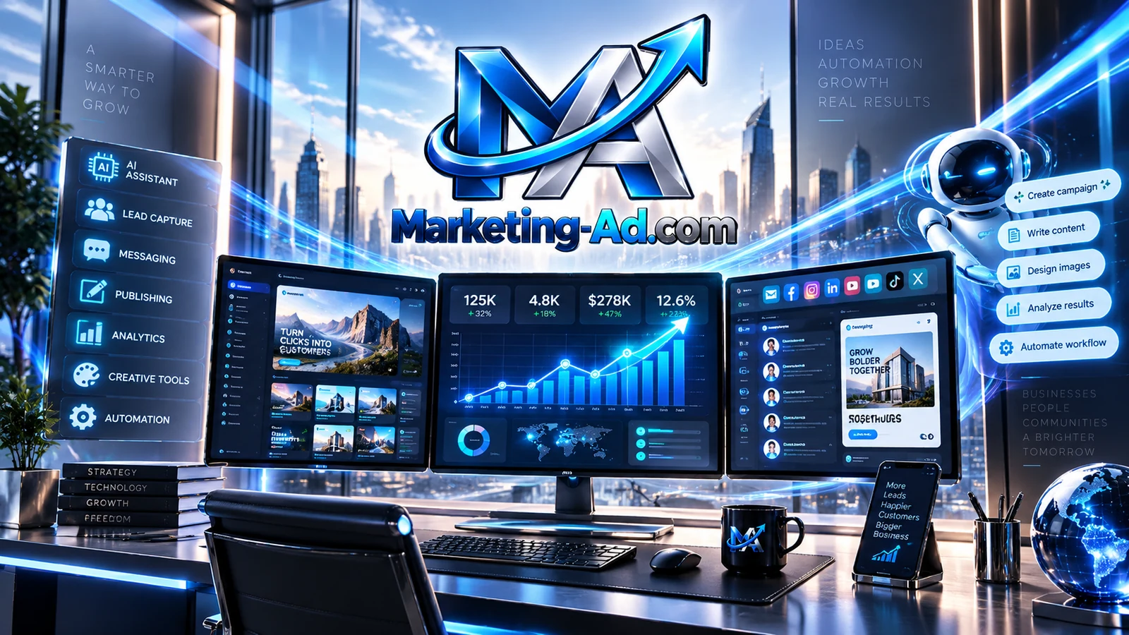 Illustration of Marketing-Ad.com AI-assisted campaign creation, analytics and marketing tools